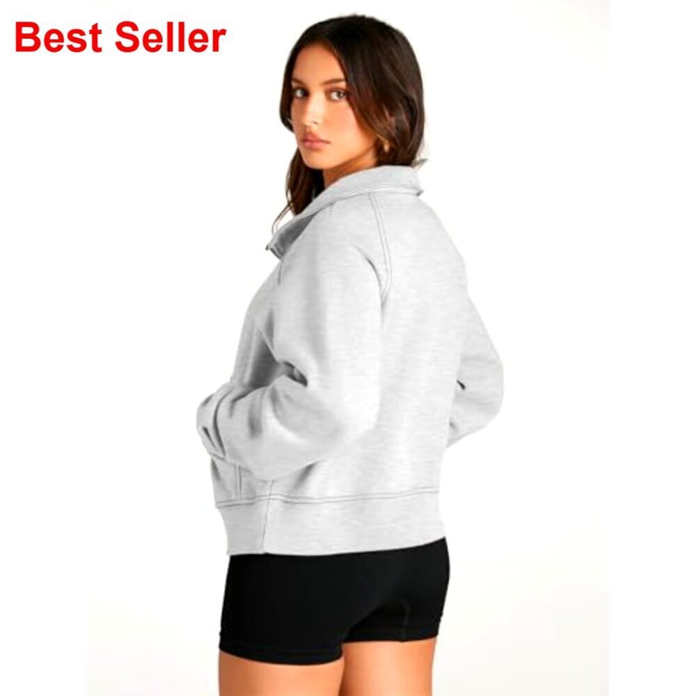 Women's Half Zip Cropped Fleece Pullover Hoodie with Thumb Holes and Pockets - Picture 5 of 7
